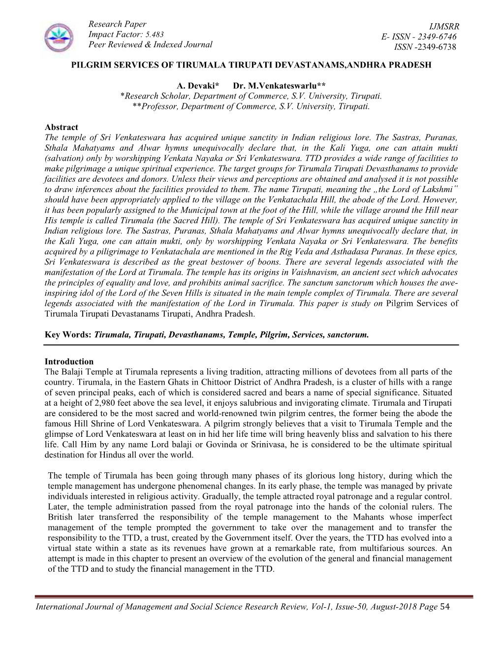 Research Paper Impact Factor: 5.483 Peer Reviewed