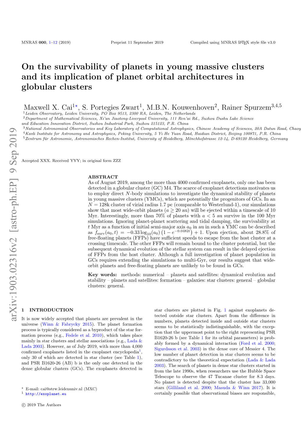 Arxiv:1903.02316V2 [Astro-Ph.EP] 9 Sep 2019 Numbers, Planets Detected Inside and Outside Star Clusters Universe (Winn & Fabrycky 2015)