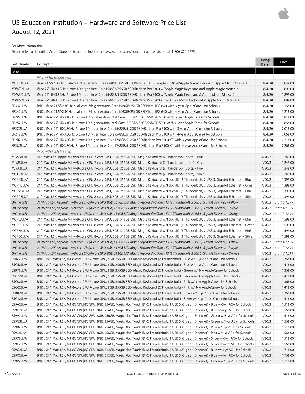 Apple US Education Price List