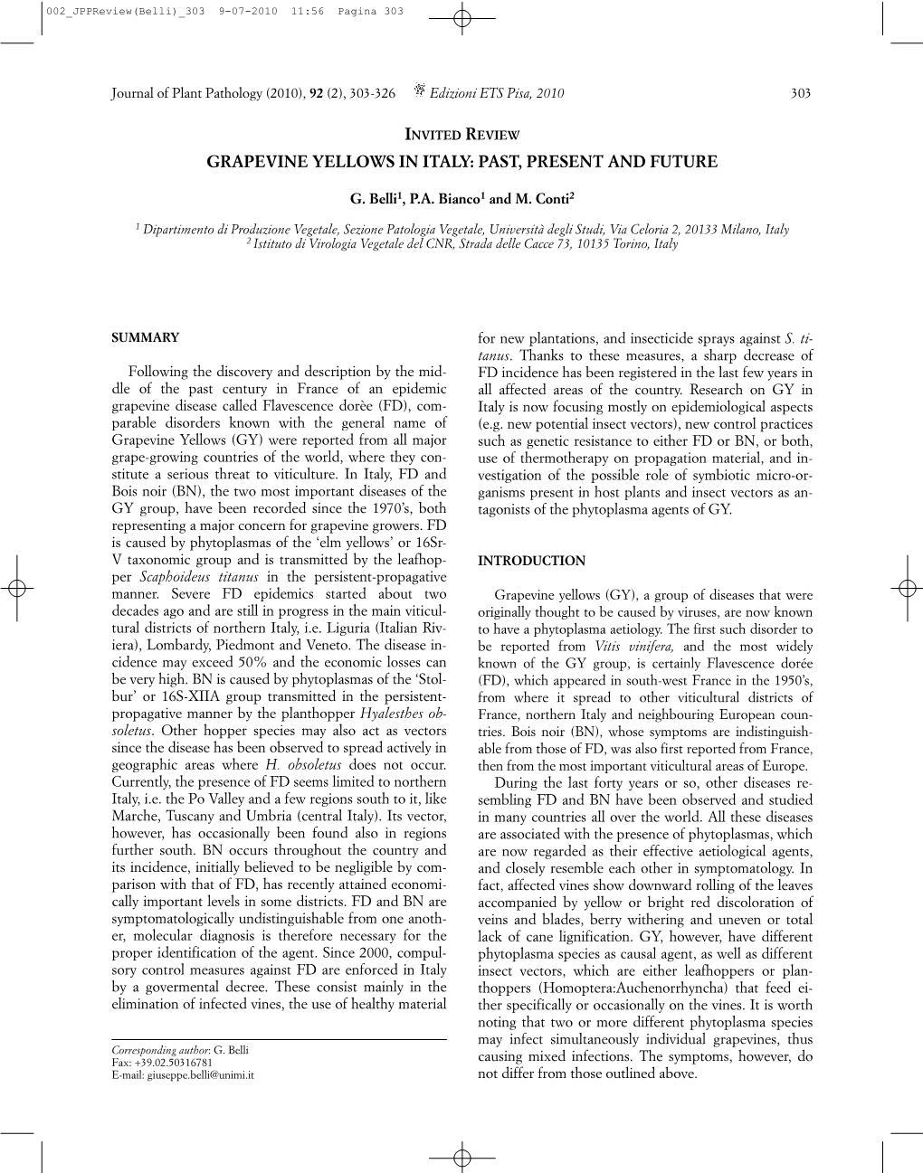 Invited Review Grapevine Yellows in Italy: Past, Present and Future