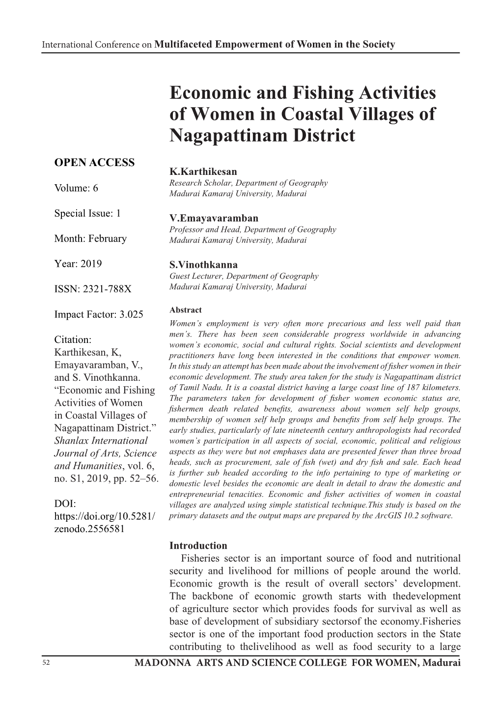 Economic and Fishing Activities of Women in Coastal Villages of Nagapattinam District