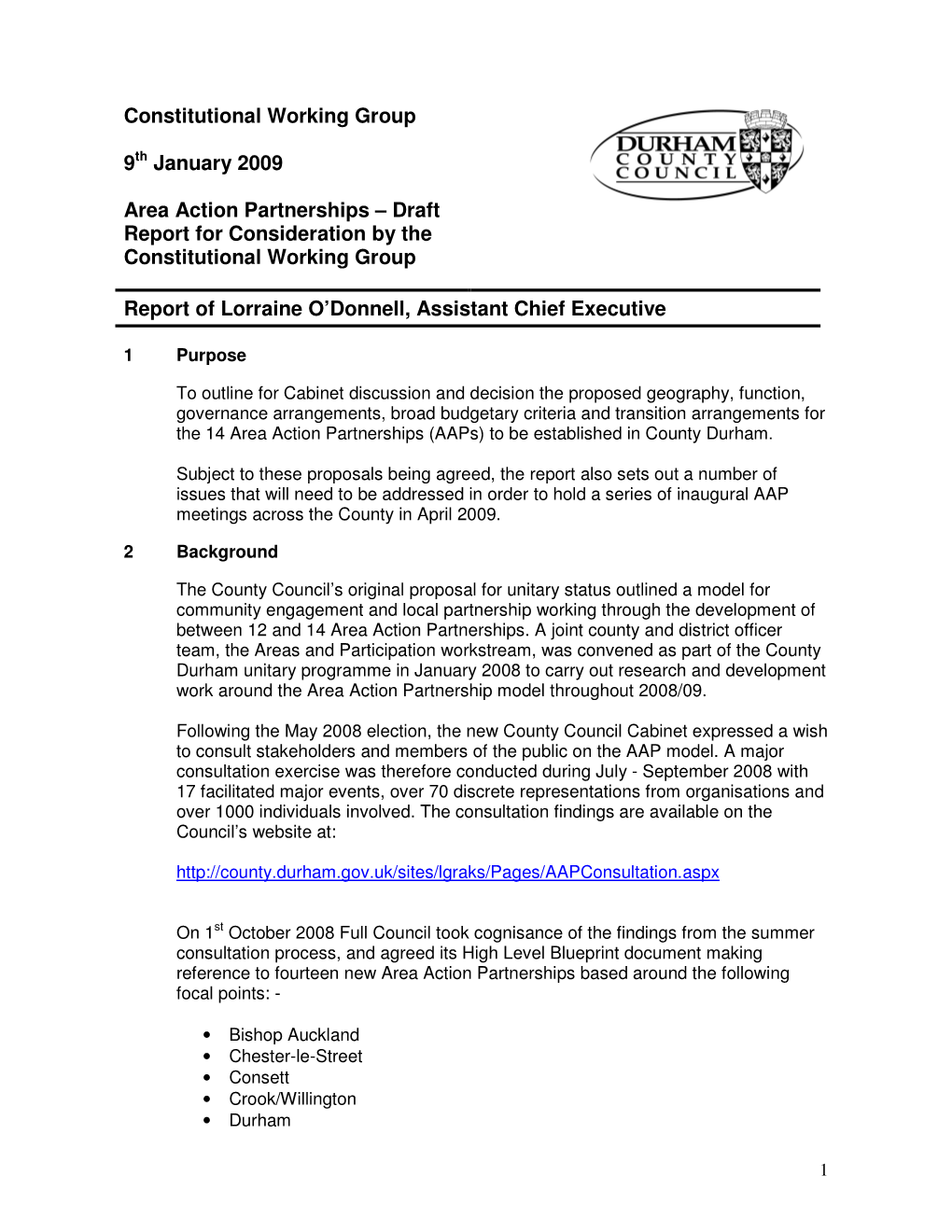 Constitutional Working Group 9Th January 2009 Area Action Partnerships – Draft Report for Consideration by the Constitutional