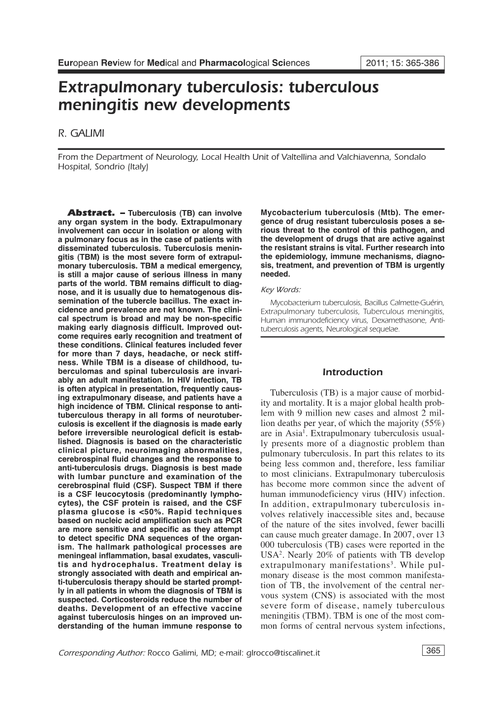 Extrapulmonary Tuberculosis: Tuberculous Meningitis New Developments