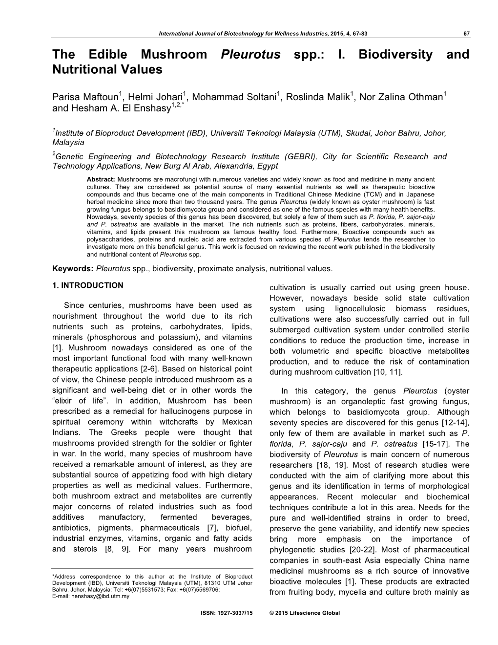 The Edible Mushroom Pleurotus Spp.: I. Biodiversity and Nutritional Values