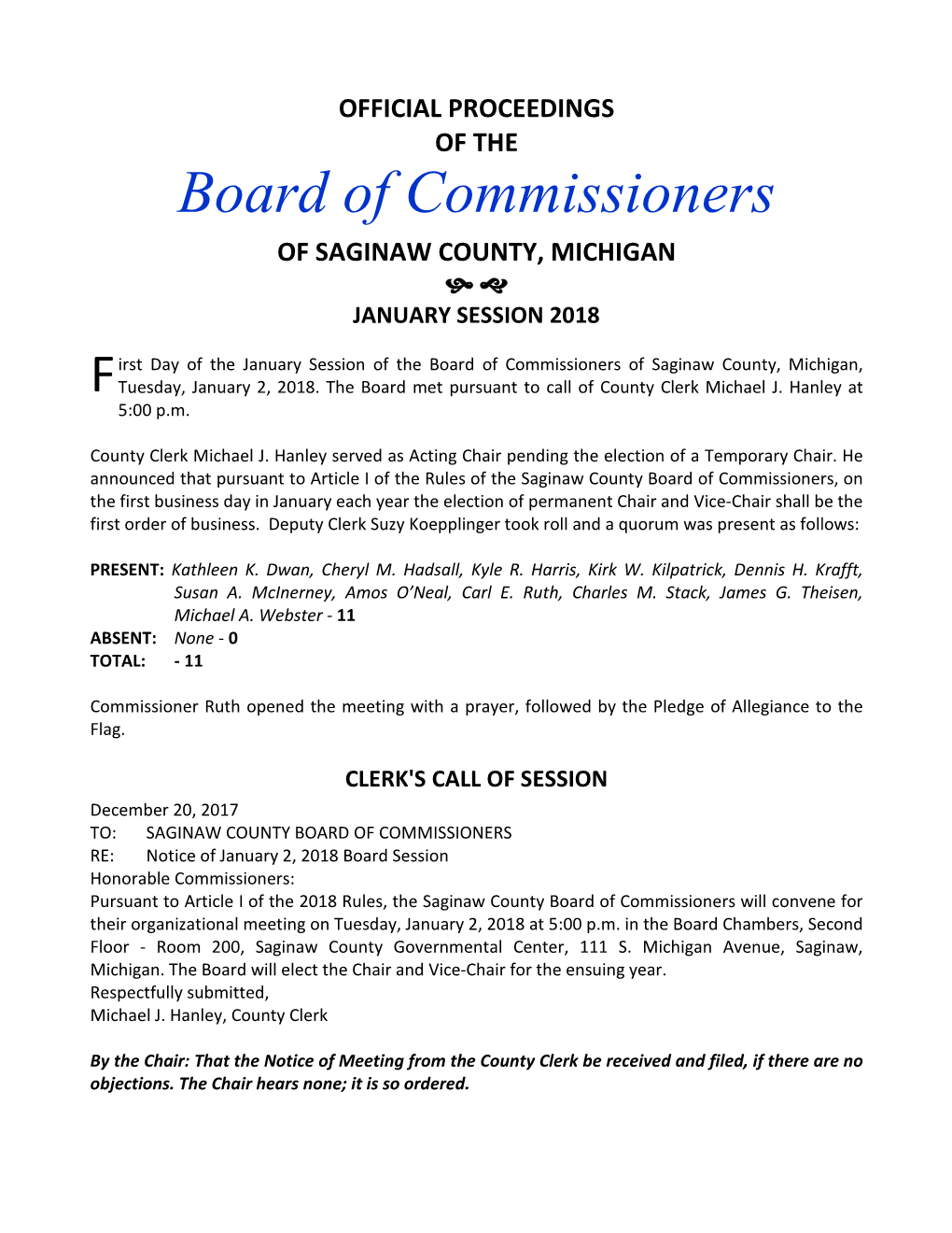 Board of Commissioners of SAGINAW COUNTY, MICHIGAN   JANUARY SESSION 2018