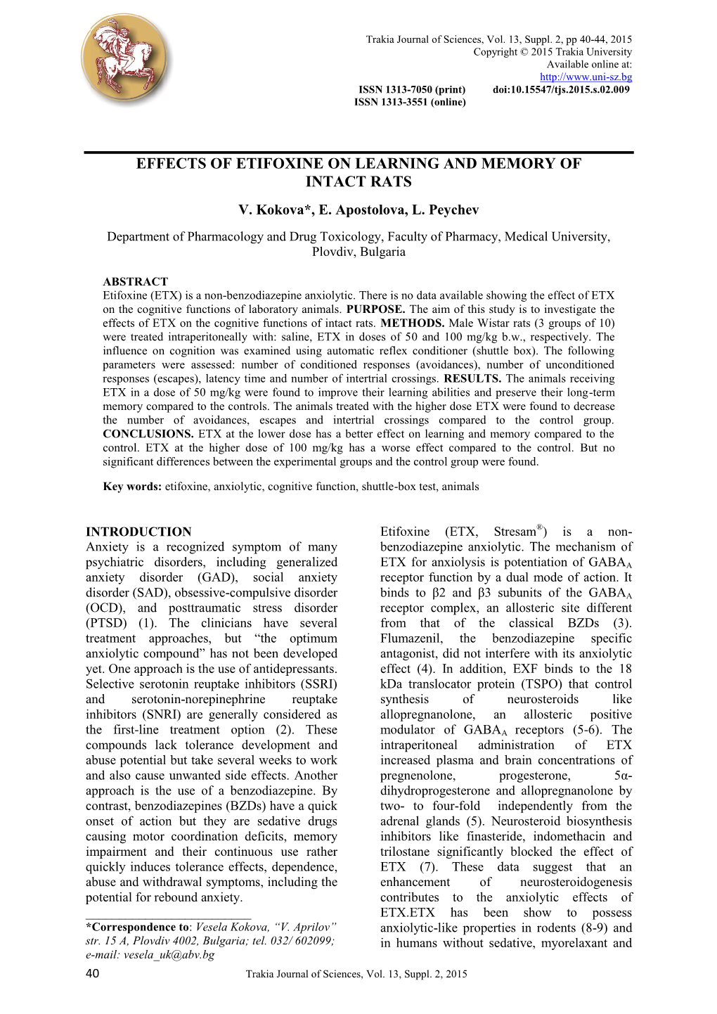 Effects of Etifoxine on Learning and Memory of Intact Rats