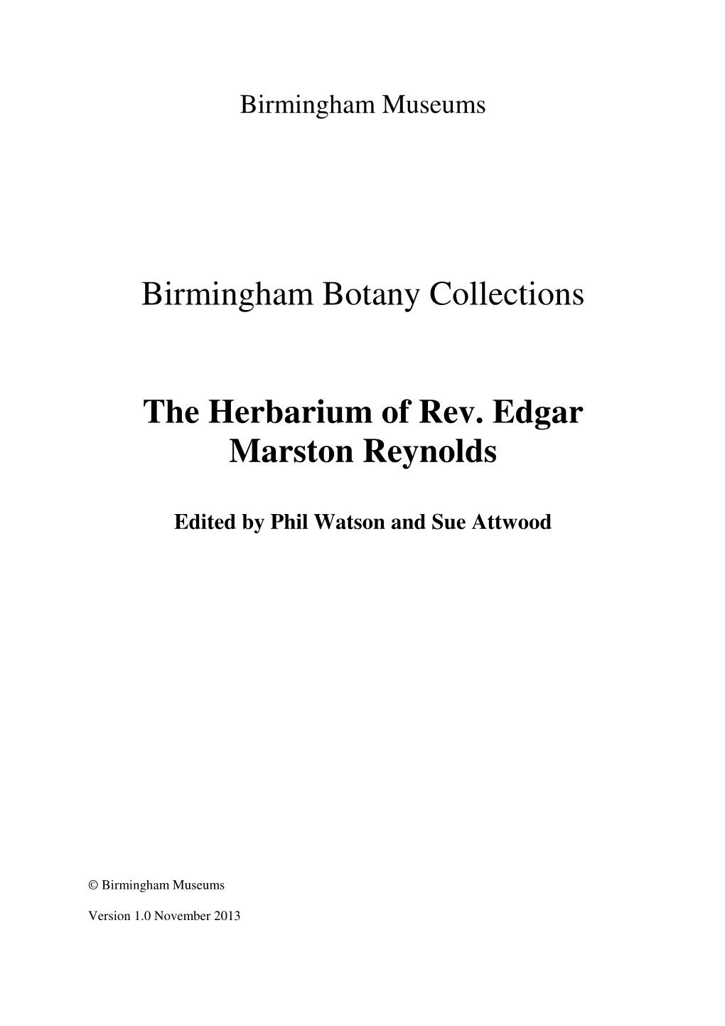 The Herbarium of Rev. Edgar Marston Reynolds