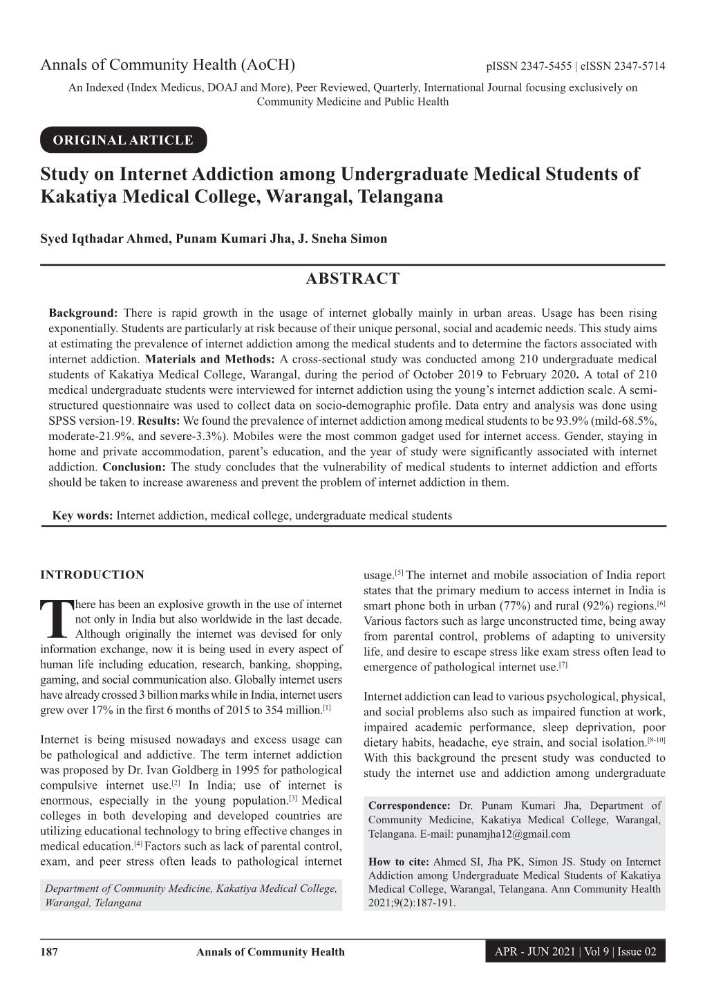 Study on Internet Addiction Among Undergraduate Medical Students of Kakatiya Medical College, Warangal, Telangana