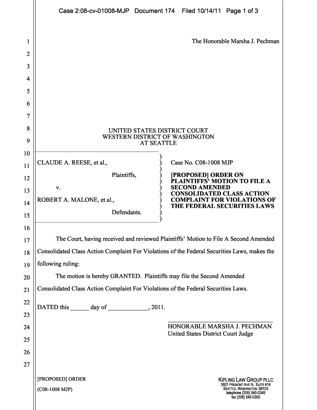 Claude A. Reese, Et Al. V. Malone, Et Al. 08-CV-01008-Second Amended