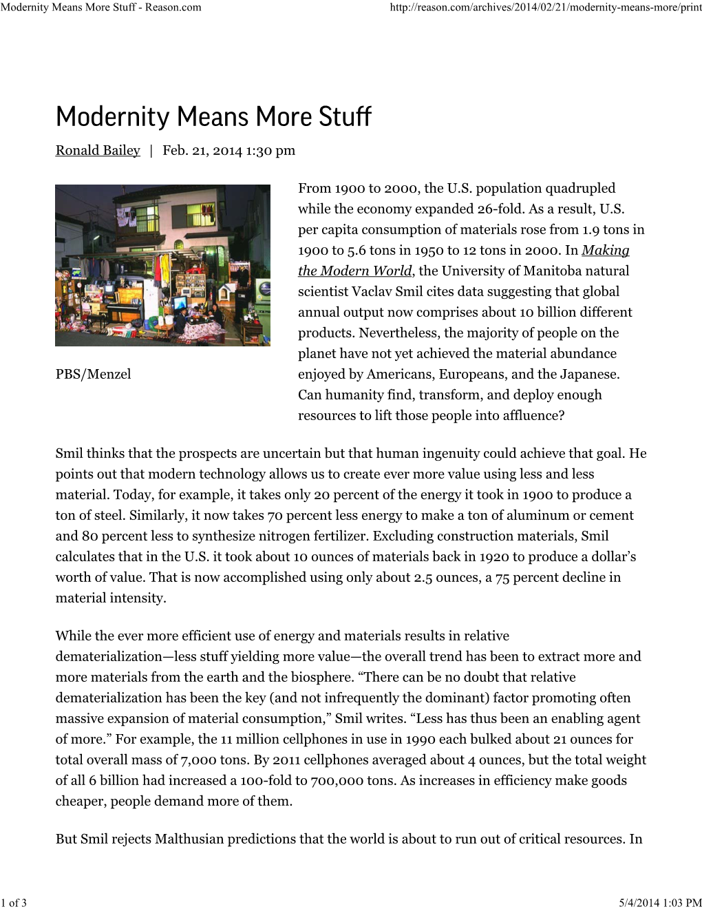 Modernity Means More Stuff - Reason.Com