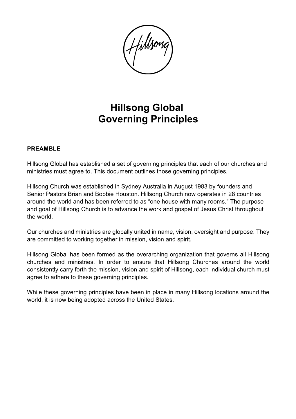 Hillsong Global Governing Principles