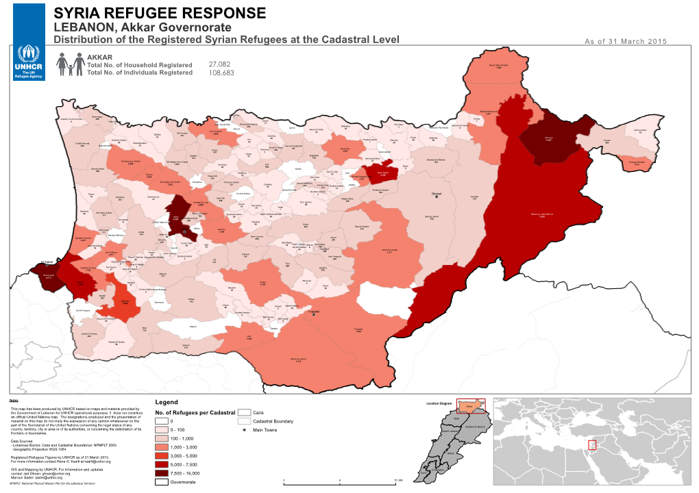 SYRIA REFUGEE RESPONSE LEBANON, Akkar Governorate Distribution of the Registered Syrian Refugees at the Cadastral Level As O F 31 M a Rc H 2 0 1 5