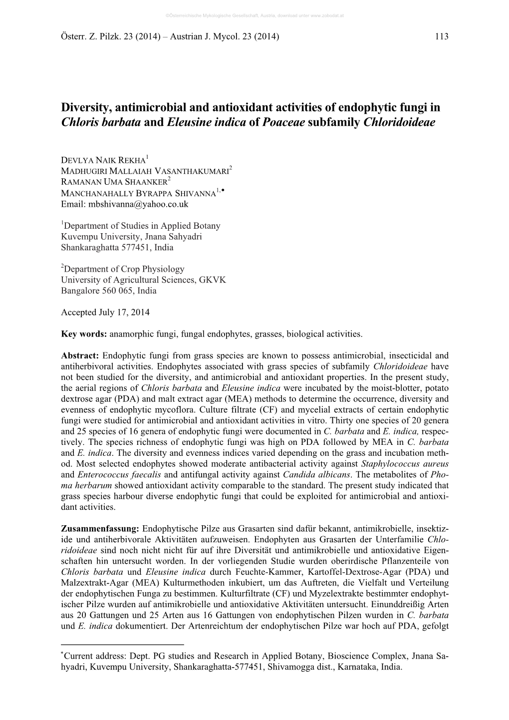 Diversity, Antimicrobial and Antioxidant Activities of Endophytic Fungi in Chloris Barbata and Eleusine Indica of Poaceae Subfamily Chloridoideae