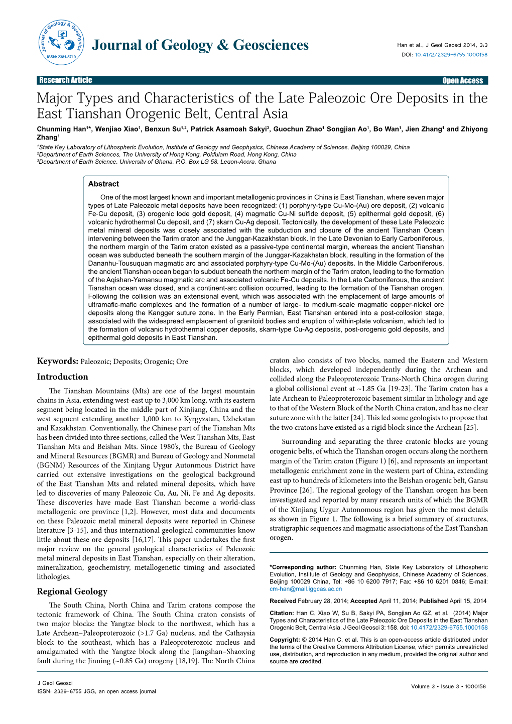 Major Types and Characteristics of the Late Paleozoic Ore Deposits in The