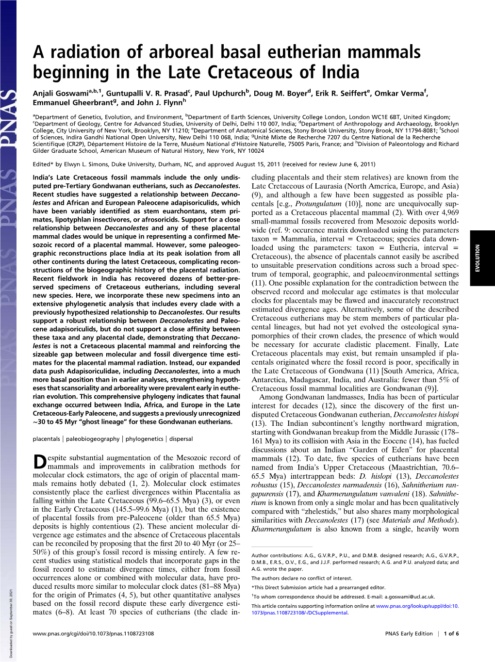 A Radiation of Arboreal Basal Eutherian Mammals Beginning in the Late Cretaceous of India