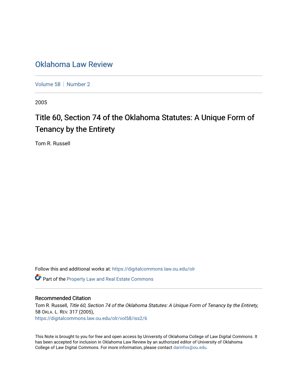 Title 60, Section 74 of the Oklahoma Statutes: a Unique Form of Tenancy by the Entirety