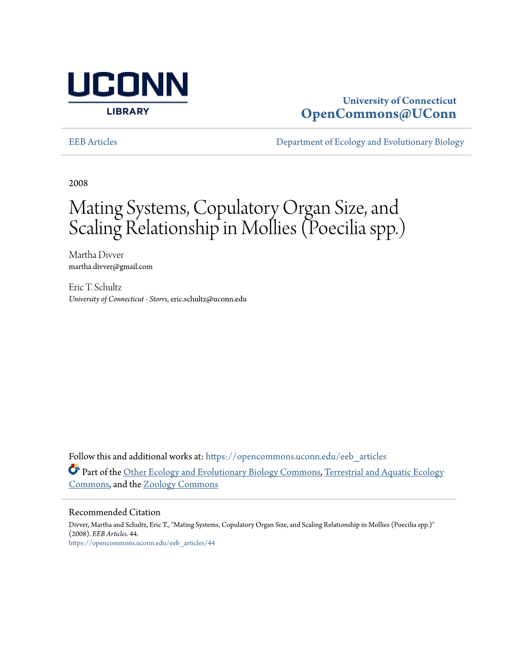 Mating Systems, Copulatory Organ Size, and Scaling Relationship in Mollies (Poecilia Spp.) Martha Divver Martha.Divver@Gmail.Com