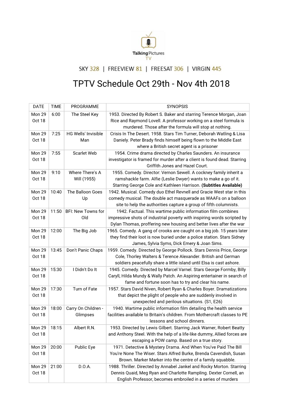 TPTV Schedule Oct 29Th - Nov 4Th 2018