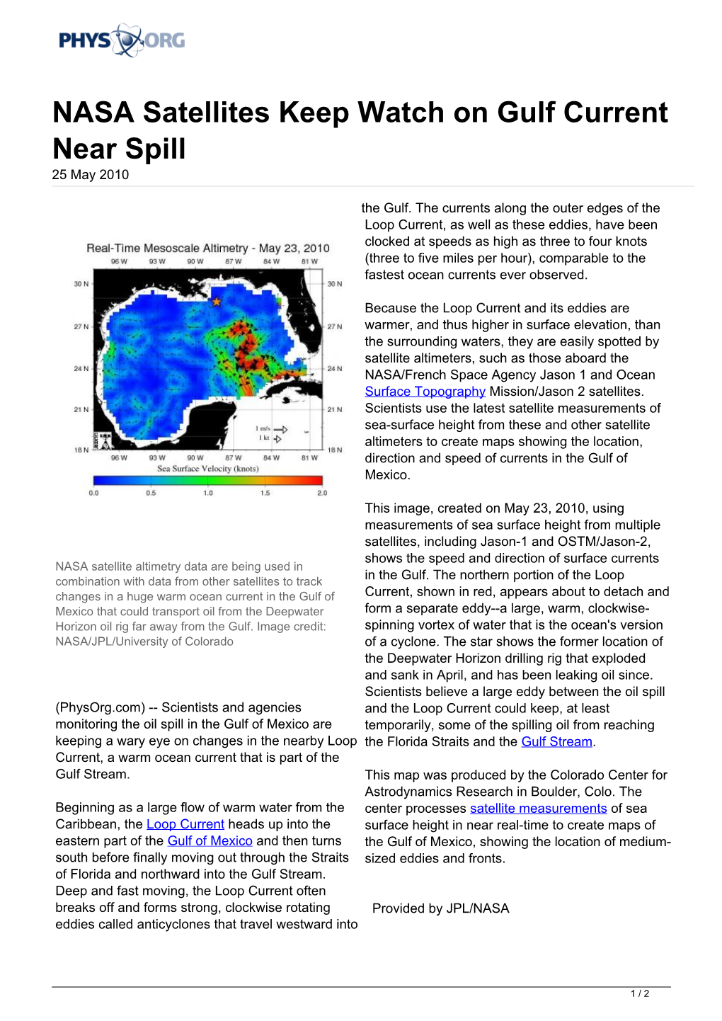 NASA Satellites Keep Watch on Gulf Current Near Spill 25 May 2010