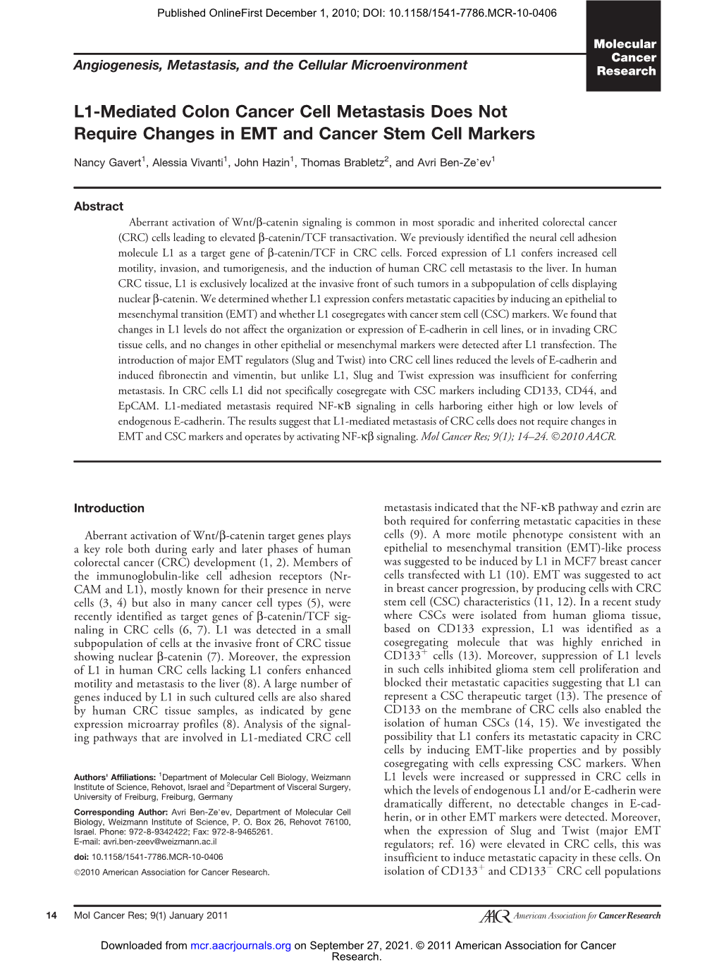 L1-Mediated Colon Cancer Cell Metastasis Does Not Require Changes in EMT and Cancer Stem Cell Markers