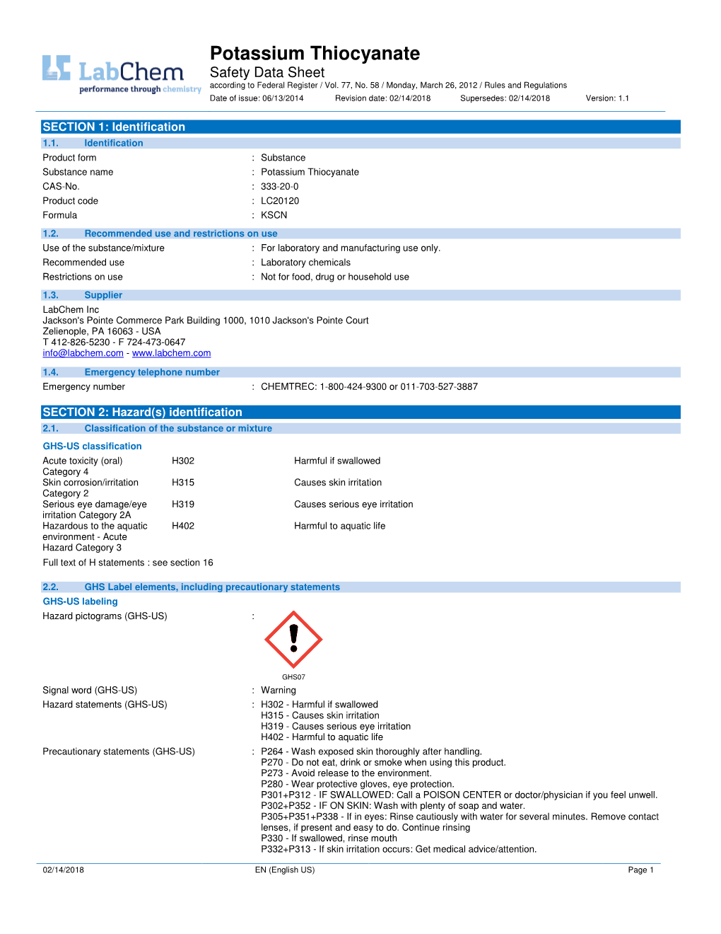 Potassium Thiocyanate Safety Data Sheet According to Federal Register / Vol