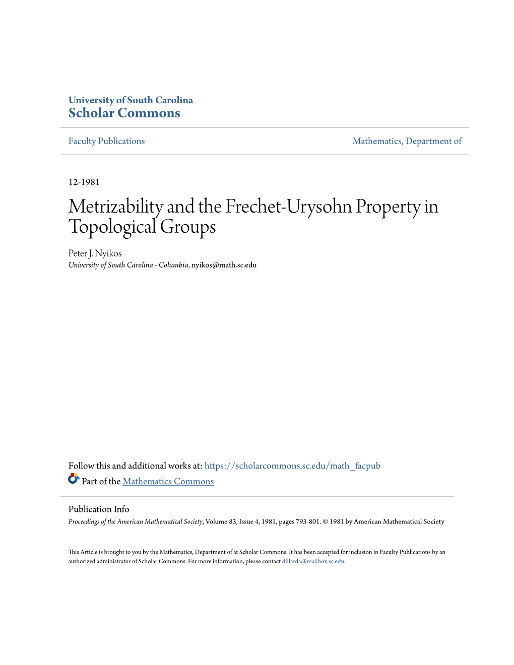 Metrizability and the Frechet-Urysohn Property in Topological Groups Peter J