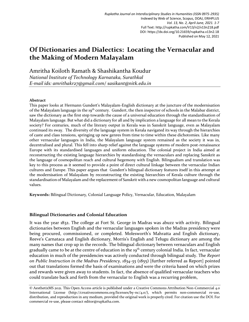 Locating the Vernacular and the Making of Modern Malayalam