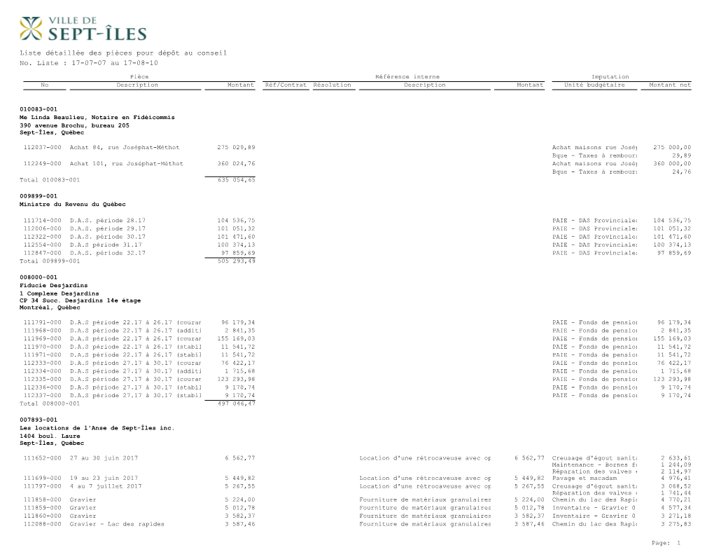 No. Liste : 17-07-07 Au 17-08-10