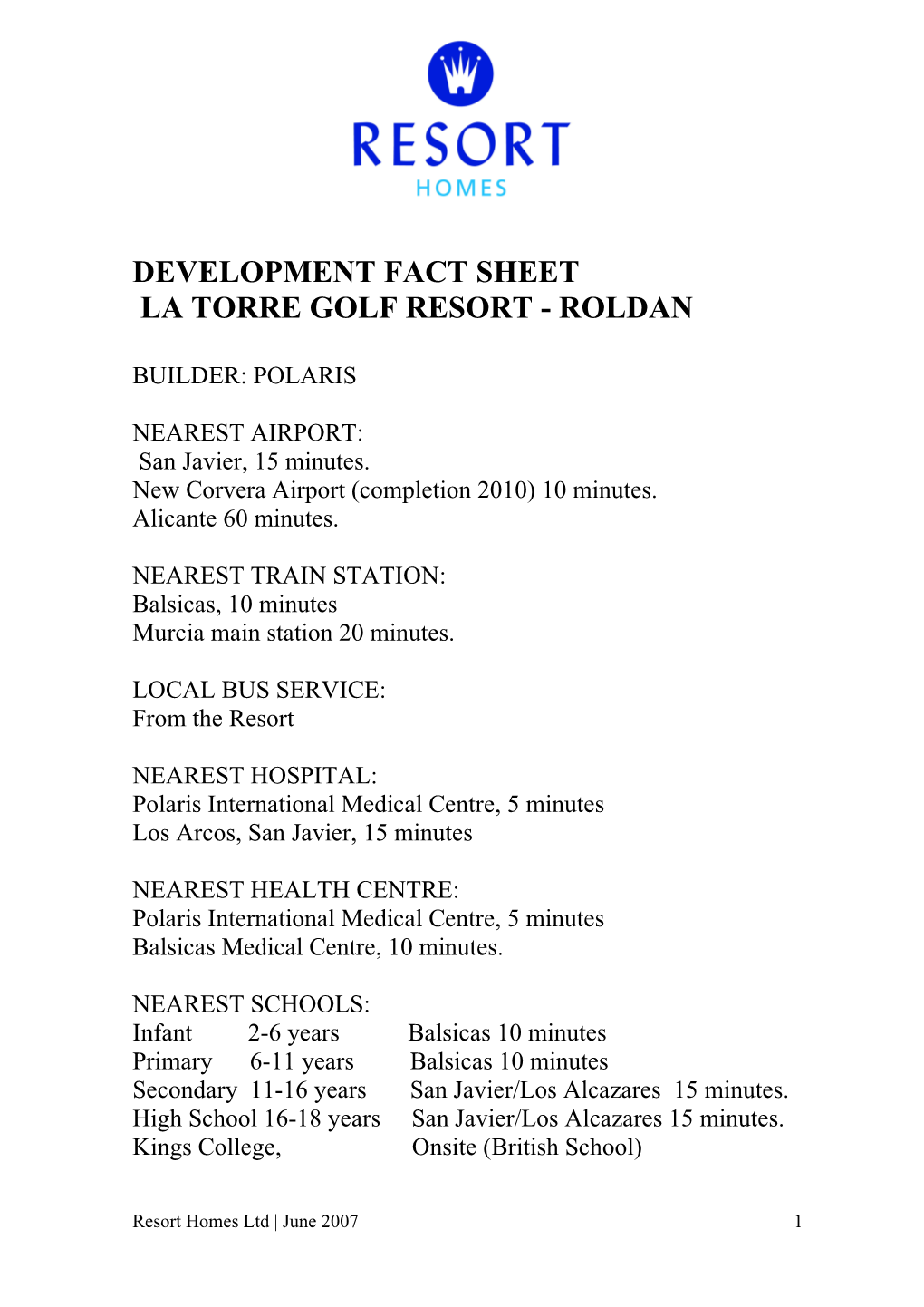 Development Fact Sheet La Torre Golf Resort - Roldan