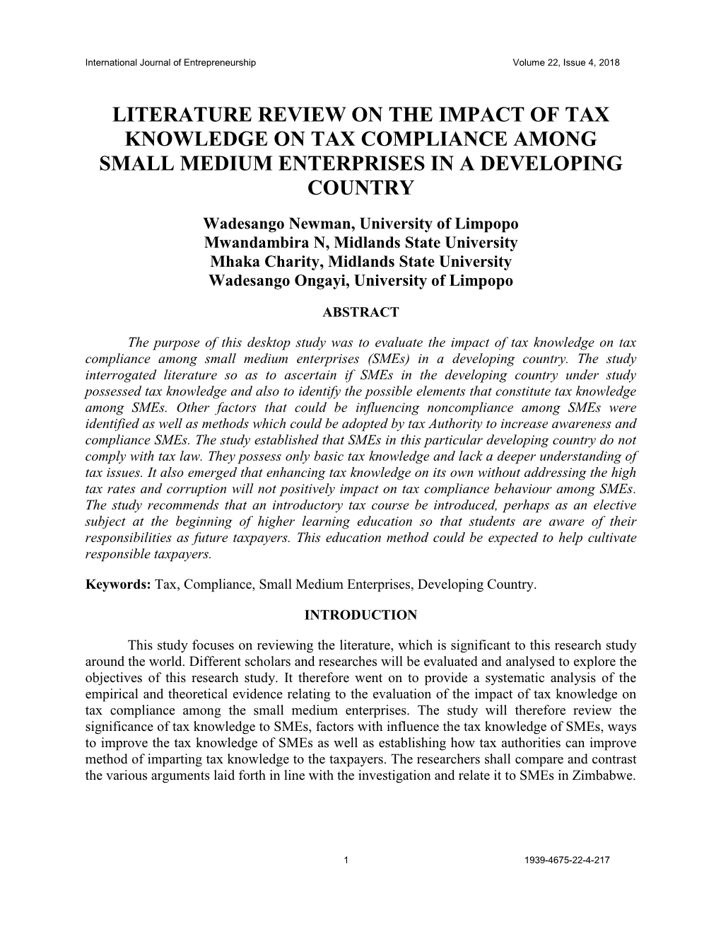 Literature Review on the Impact of Tax Knowledge on Tax Compliance Among Small Medium Enterprises in a Developing Country