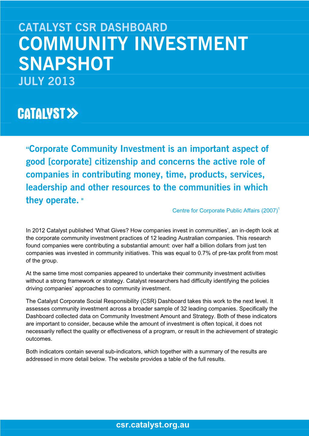 Community Investment Snapshot July 2013