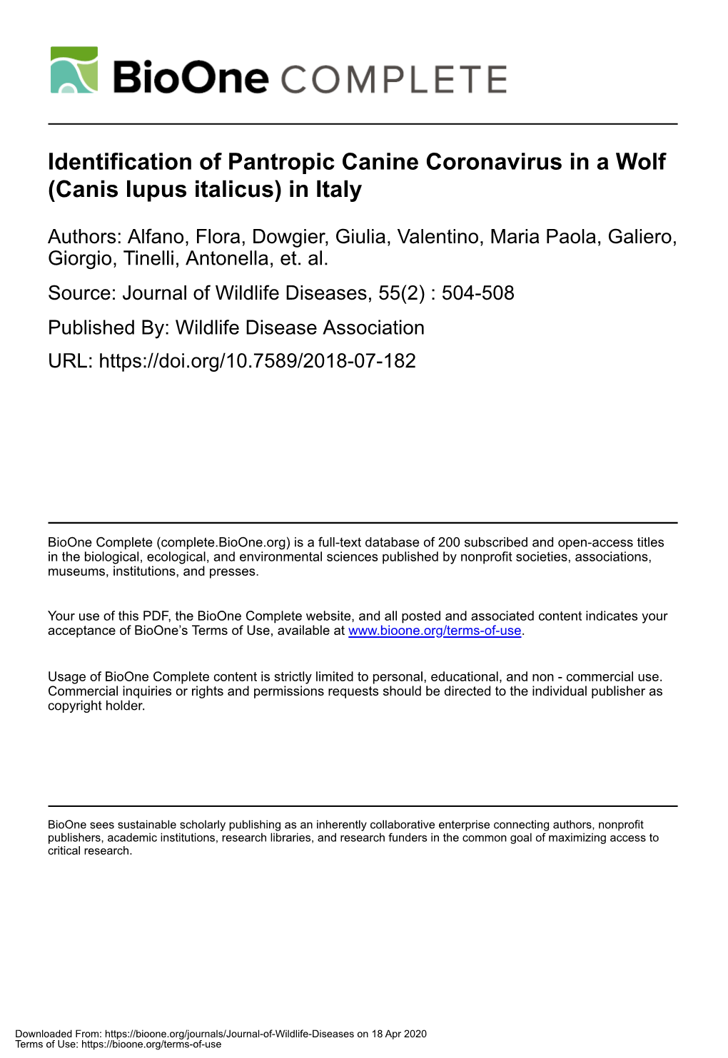 Identification of Pantropic Canine Coronavirus in a Wolf (Canis Lupus Italicus) in Italy