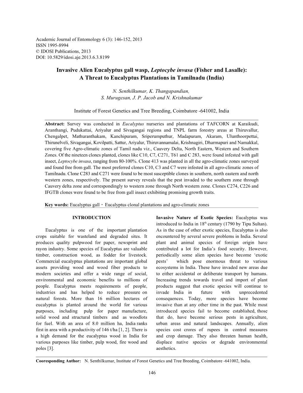 Invasive Alien Eucalyptus Gall Wasp, Leptocybe Invasa (Fisher and Lasalle): a Threat to Eucalyptus Plantations in Tamilnadu (India)