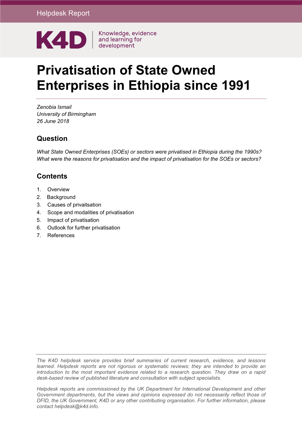 Privatisation of State Owned Enterprises in Ethiopia Since 1991