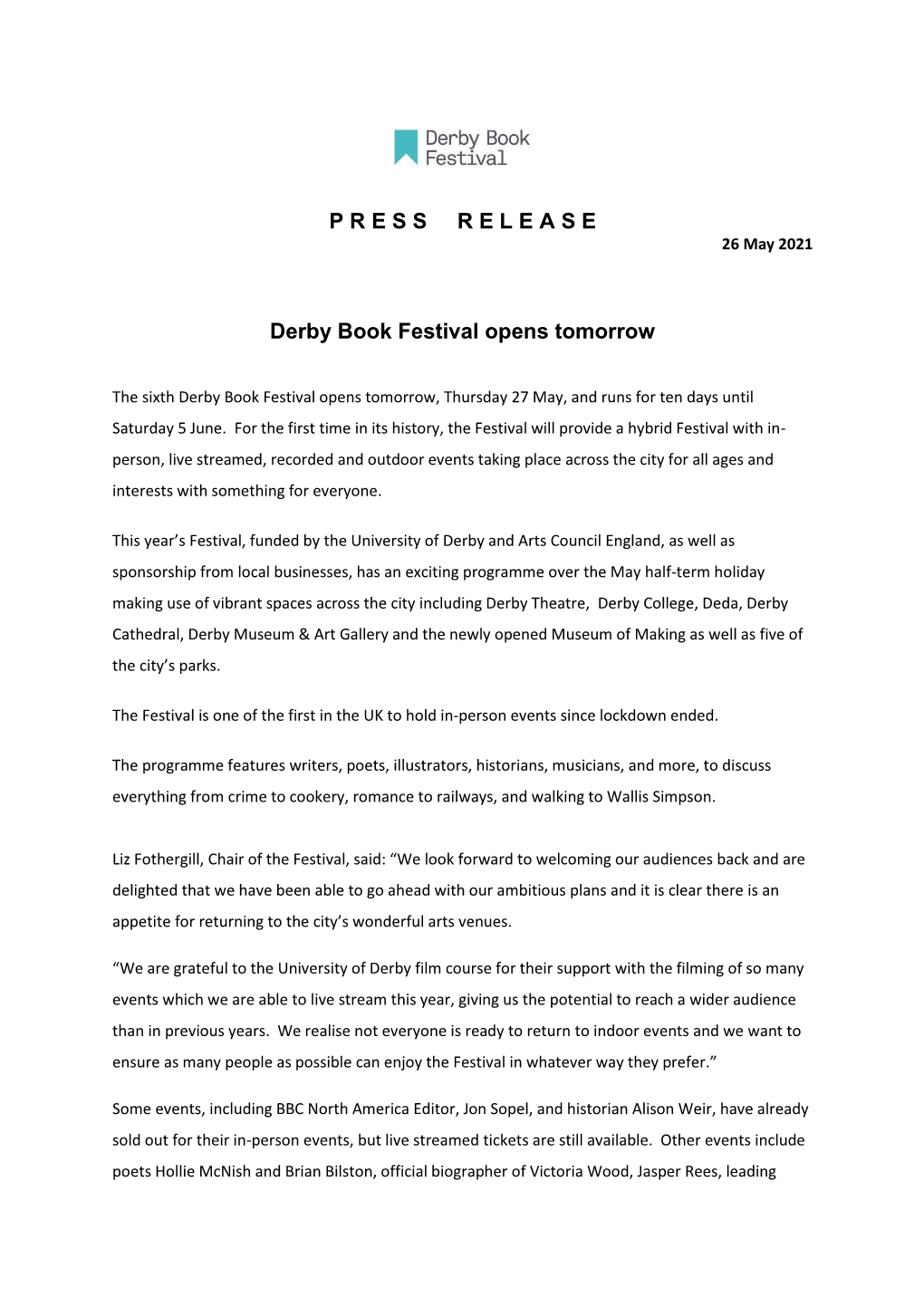 P R E S S R E L E a S E Derby Book Festival Opens Tomorrow