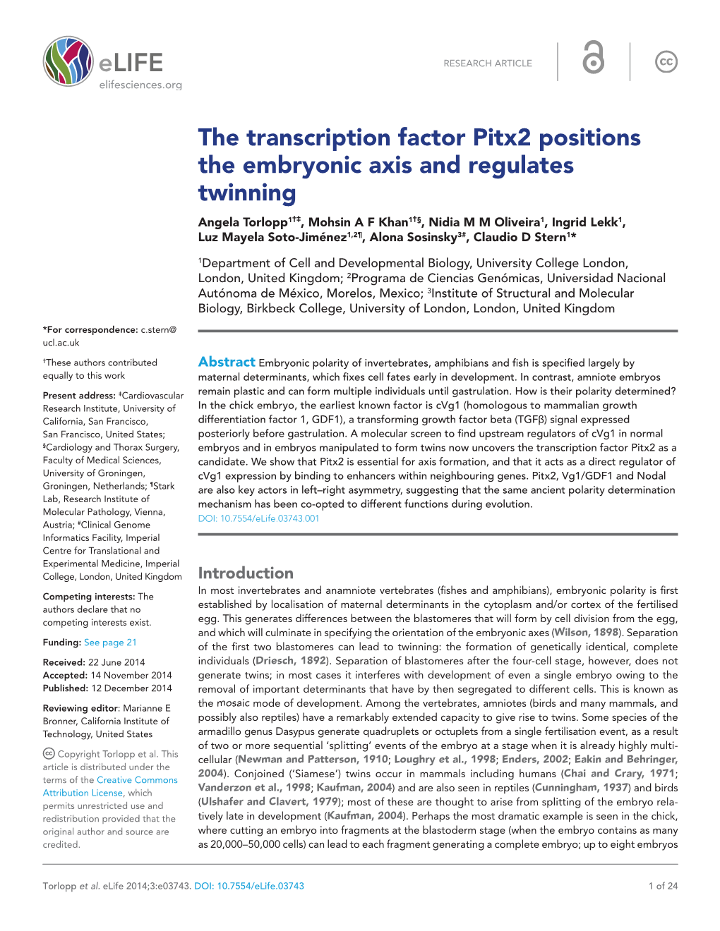 The Transcription Factor Pitx2 Positions the Embryonic Axis and Regulates