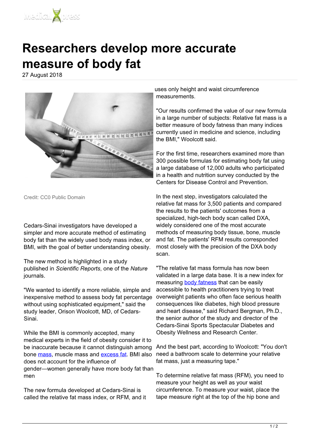 Researchers Develop More Accurate Measure of Body Fat 27 August 2018