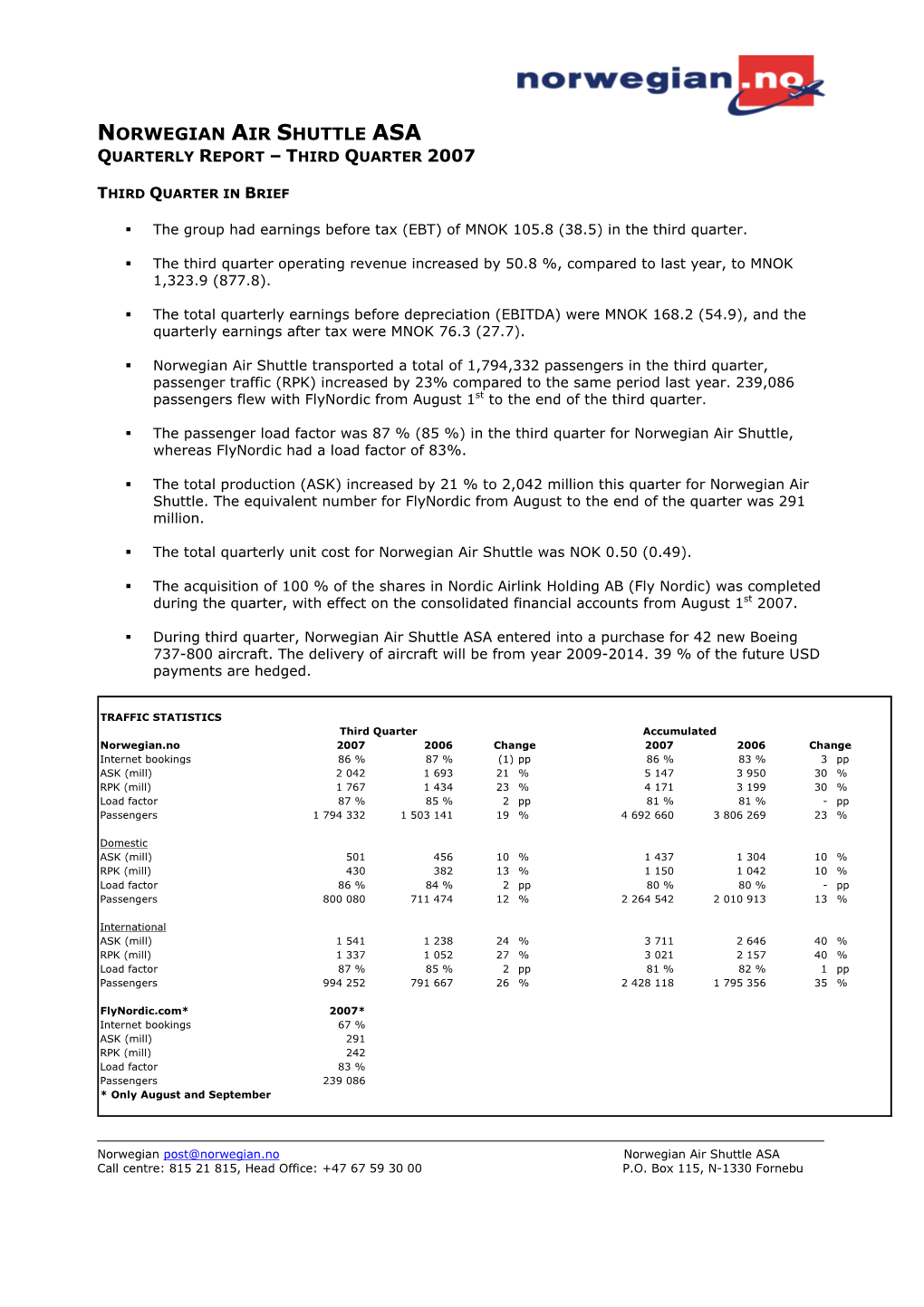 Norwegian Air Shuttle Asa Quarterly Report – Third Quarter 2007