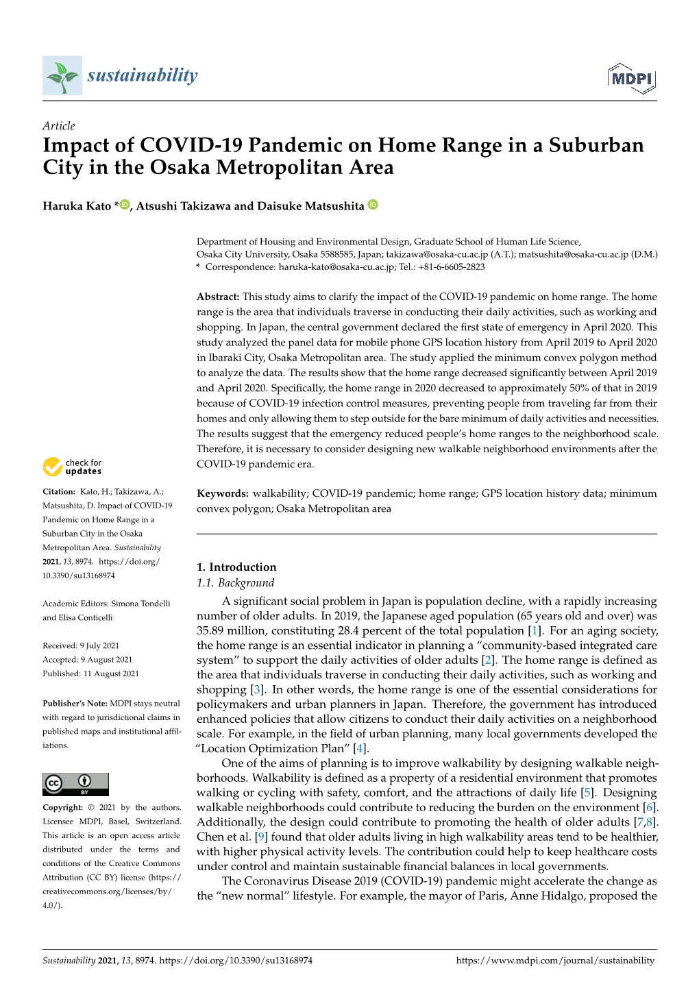 Impact of COVID-19 Pandemic on Home Range in a Suburban City in the Osaka Metropolitan Area