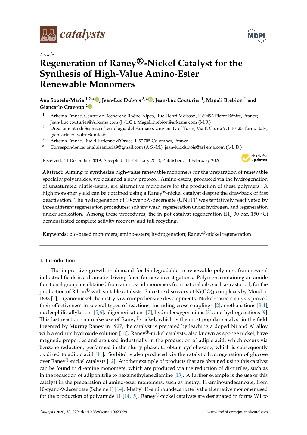 Regeneration of Raney®-Nickel Catalyst for the Synthesis of High-Value Amino-Ester Renewable Monomers