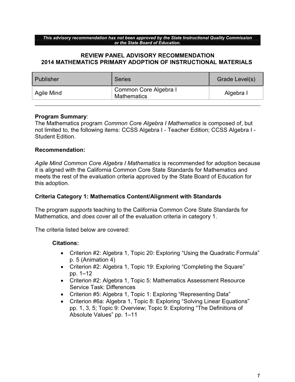 Agile Mind Algebra 1 - Instructional Materials (CA Dept of Education)