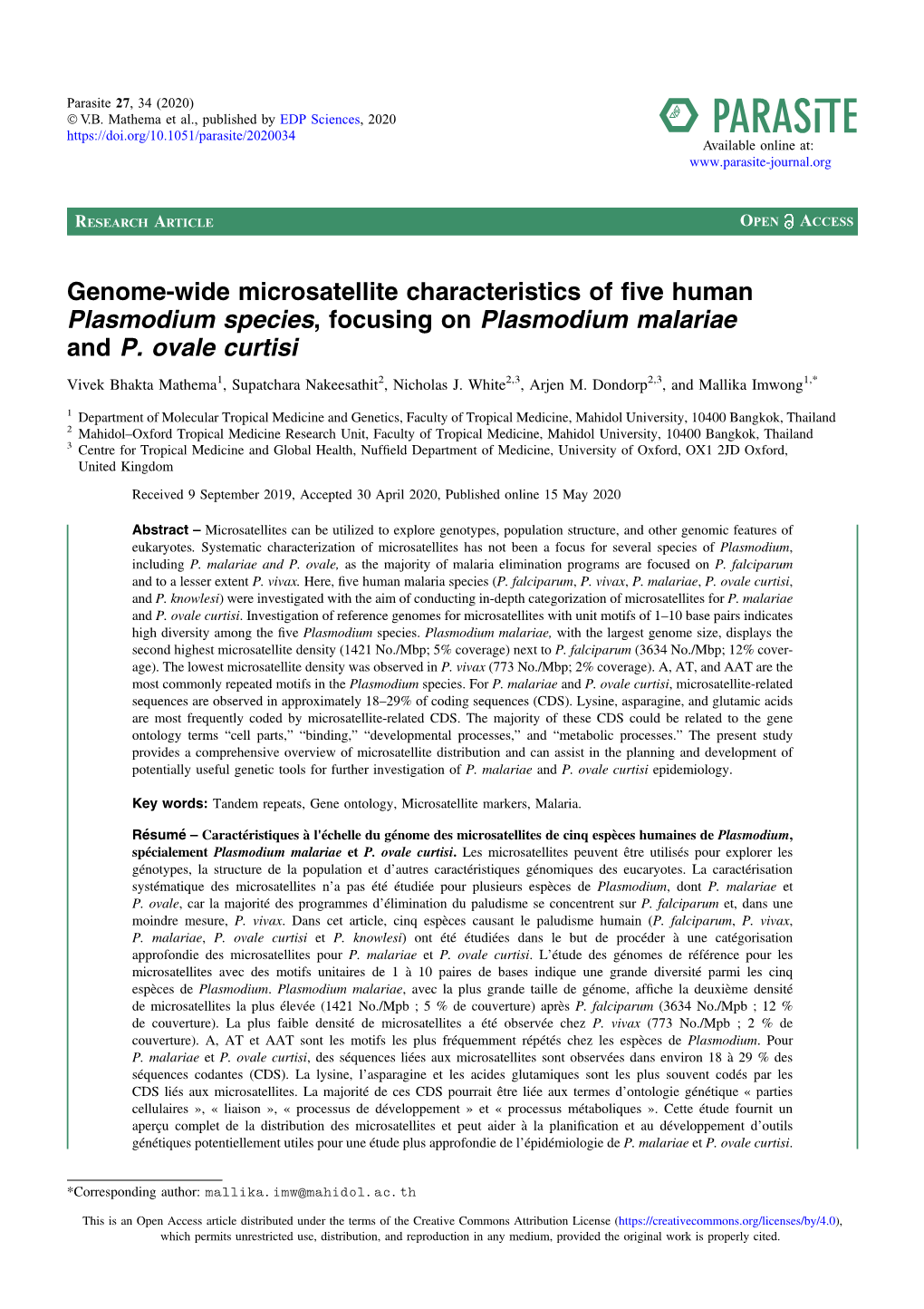 Genome-Wide Microsatellite Characteristics of Five Human Plasmodium Species, Focusing on Plasmodium Malariae and P