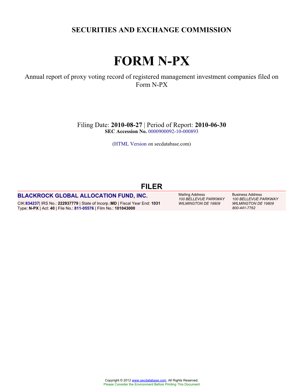 Form: N-PX, Filing Date: 08/27/2010