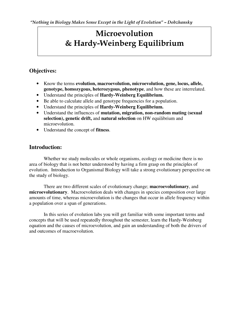 Microevolution & Hardy-Weinberg Equilibrium