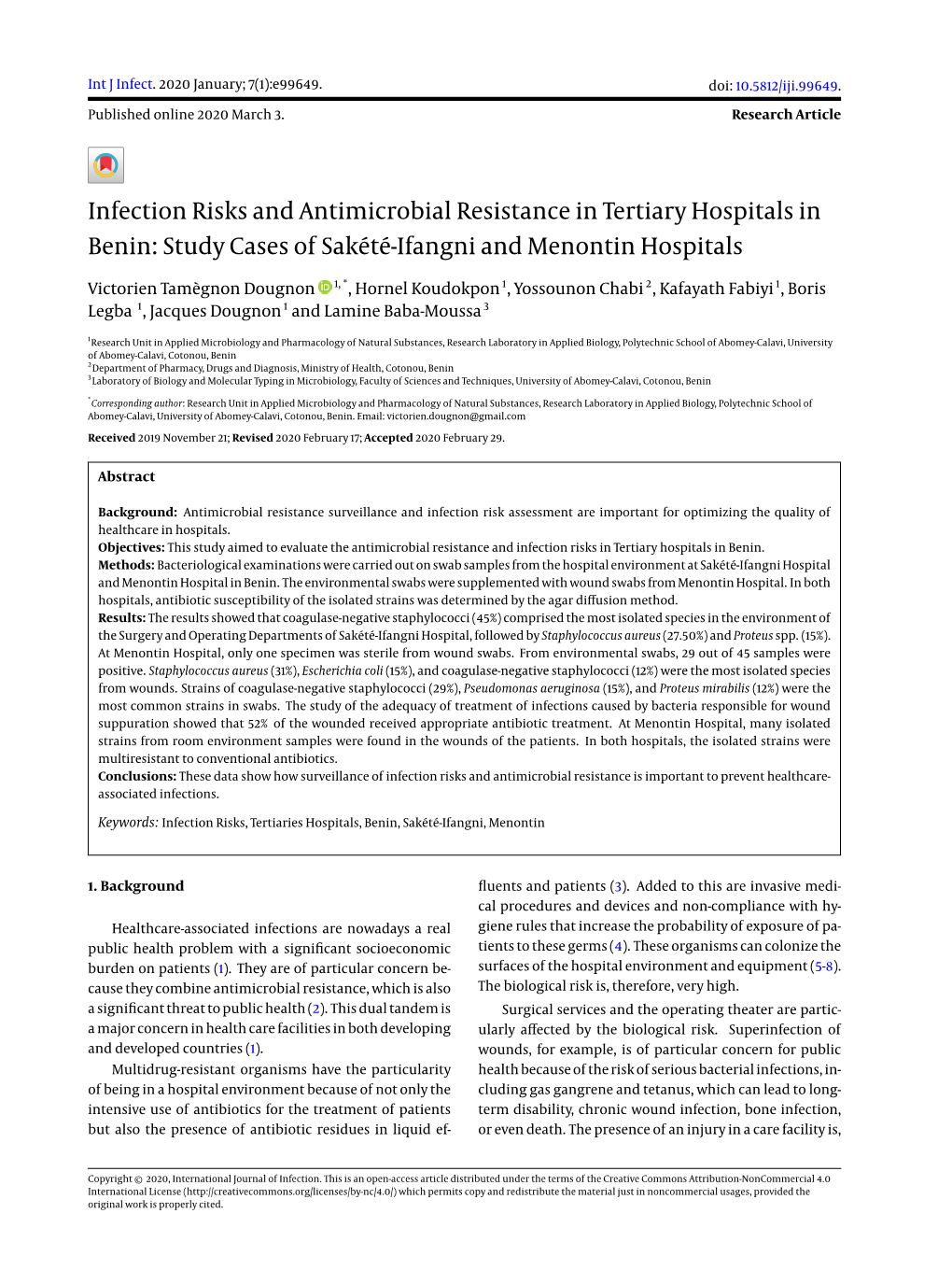 Infection Risks and Antimicrobial Resistance in Tertiary Hospitals in Benin: Study Cases of Sakété-Ifangni and Menontin Hospitals