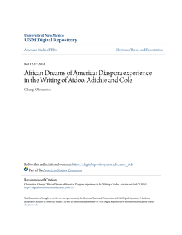 African Dreams of America: Diaspora Experience in the Writing of Aidoo, Adichie and Cole Gbenga Olorunsiwa