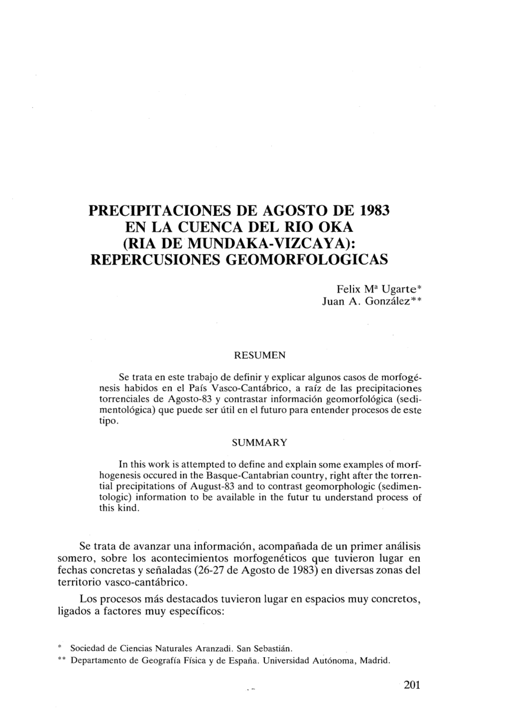 Precipitaciones De Agosto De 1983 En La Cuenca Del Rio Oka (Ria De Mundaka-Vizcaya): Repercusiones Geomorfologicas