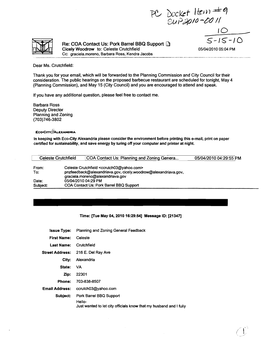 Re: COA Contact Us: Pork Barrel BBQ Support D 5-15-10 Cicely Woodrow To: Celeste Crutchfield 05/04/2010 0504 PM CC: Graciela.Moreno, Barbara Ross, Kendra Jacobs