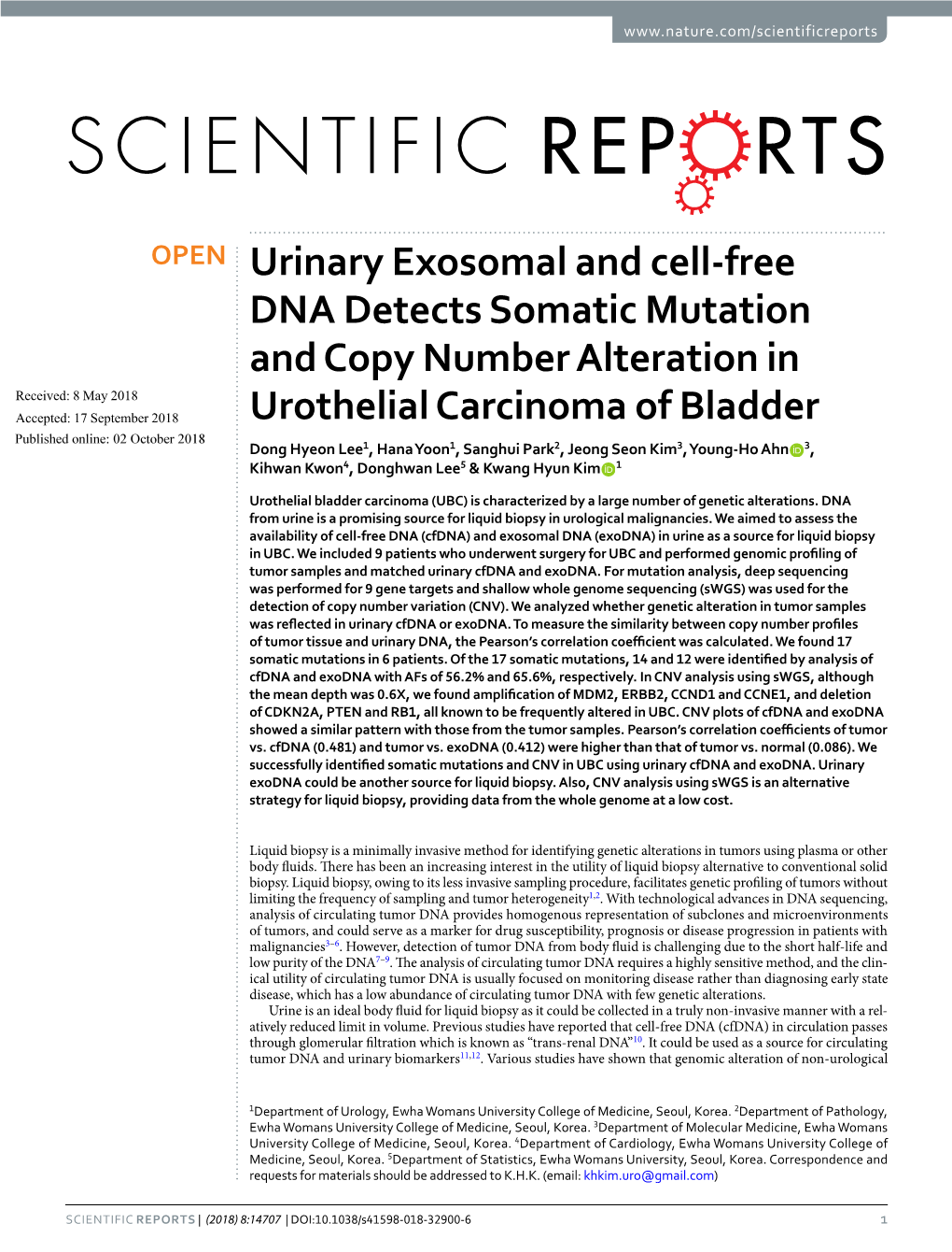 Urinary Exosomal and Cell-Free DNA Detects Somatic Mutation and Copy Number Alteration in Urothelial Carcinoma of Bladder