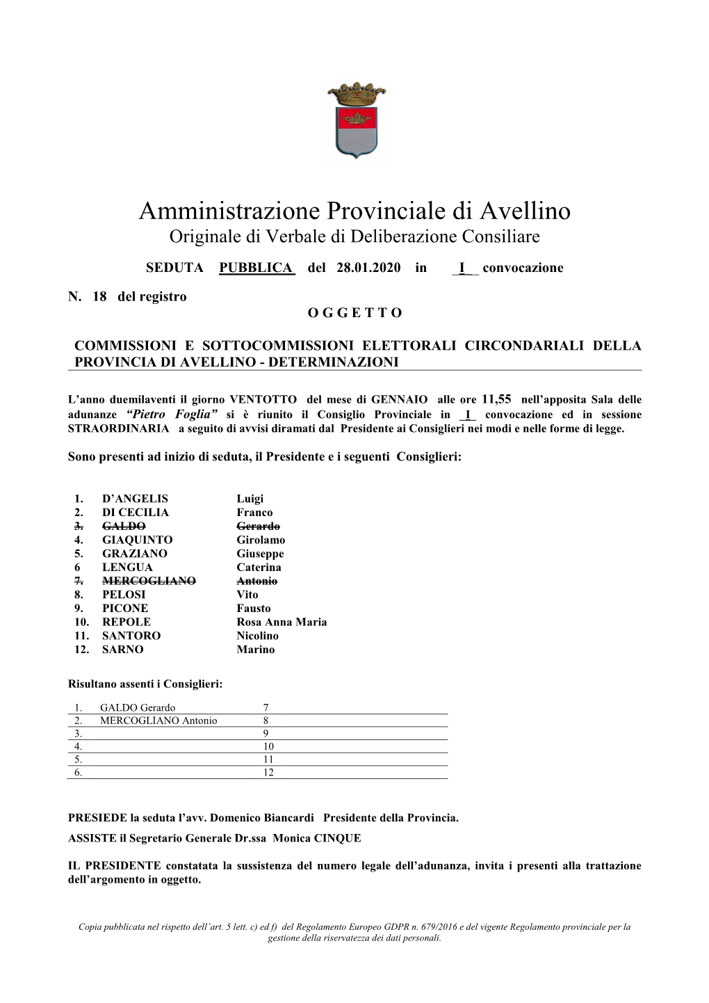 Amministrazione Provinciale Di Avellino Originale Di Verbale Di Deliberazione Consiliare